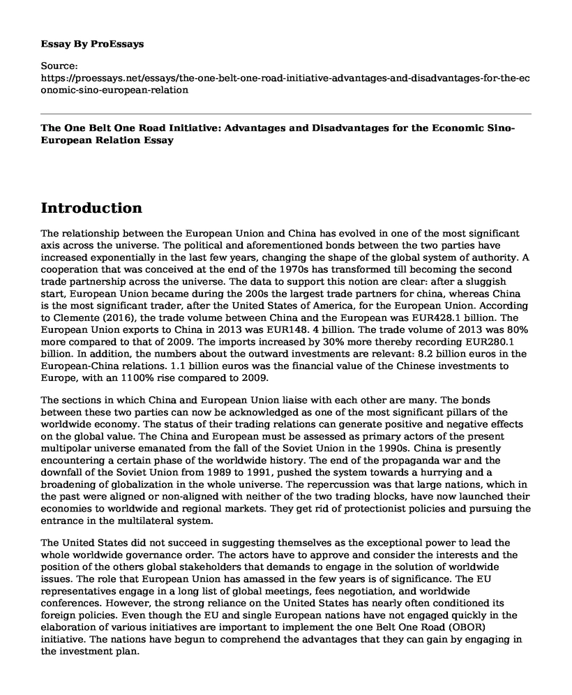 The One Belt One Road Initiative: Advantages and Disadvantages for the Economic Sino-European Relation