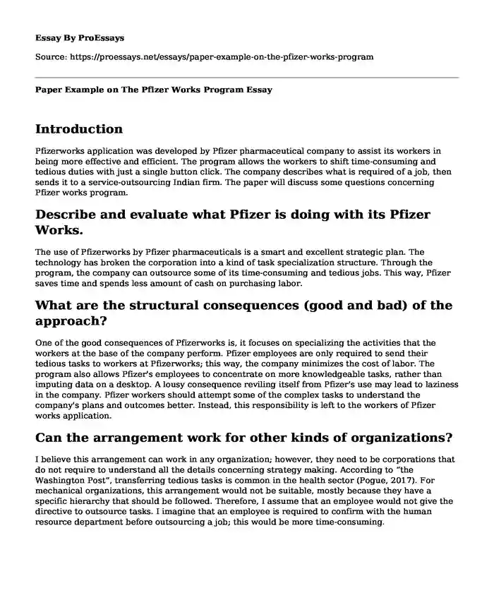 Paper Example on The Pfizer Works Program
