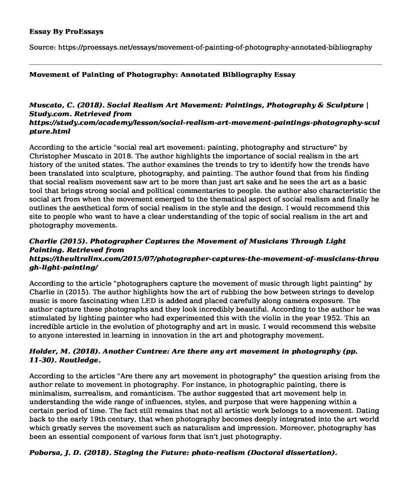Movement of Painting of Photography: Annotated Bibliography