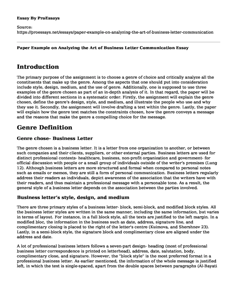 Paper Example on Analyzing the Art of Business Letter Communication
