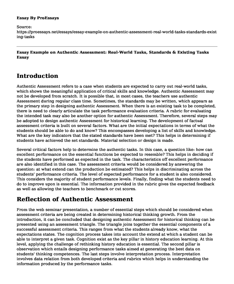Essay Example on Authentic Assessment: Real-World Tasks, Standards & Existing Tasks