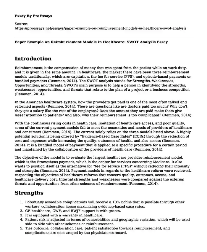 Paper Example on Reimbursement Models in Healthcare: SWOT Analysis