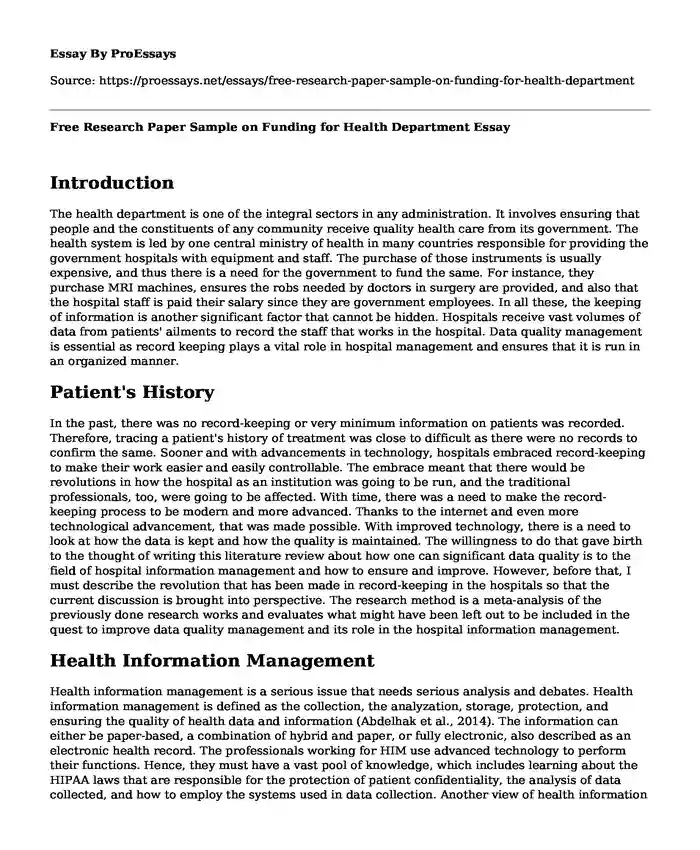 Free Research Paper Sample on Funding for Health Department