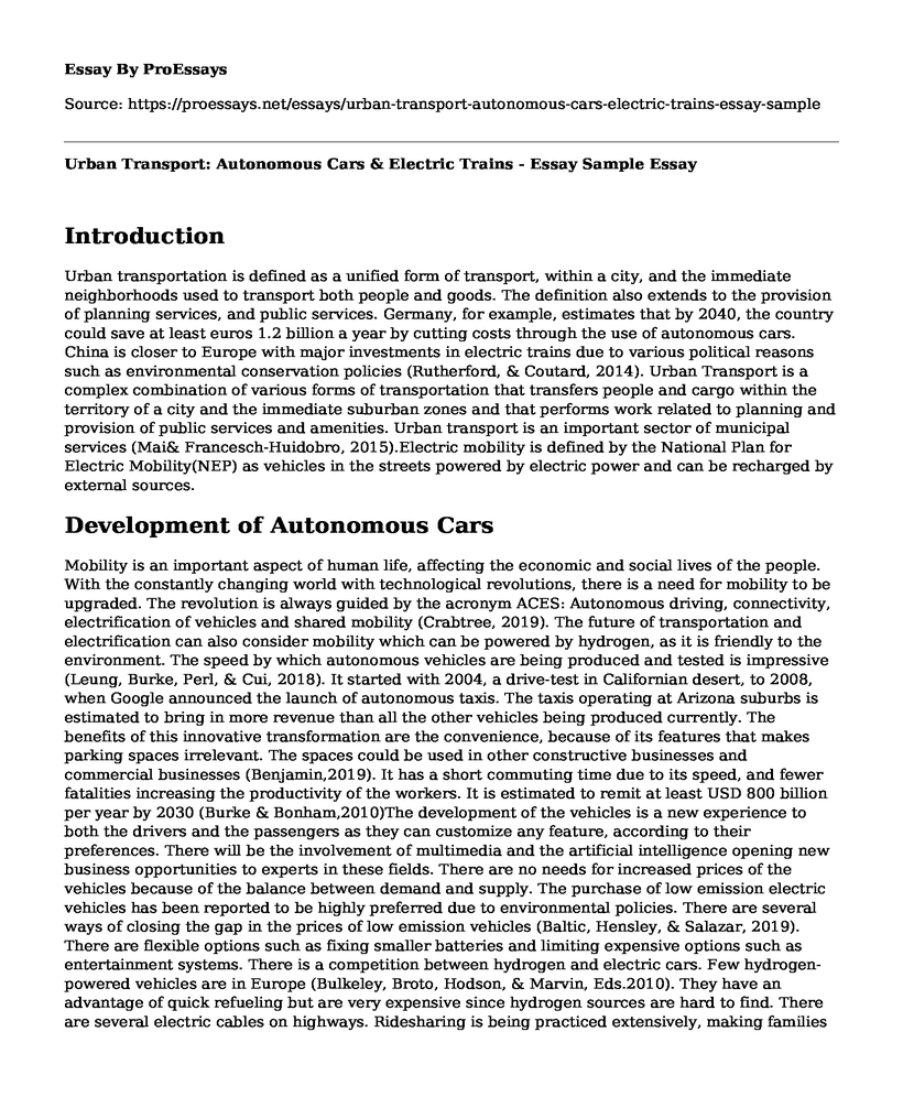 Urban Transport: Autonomous Cars & Electric Trains - Essay Sample