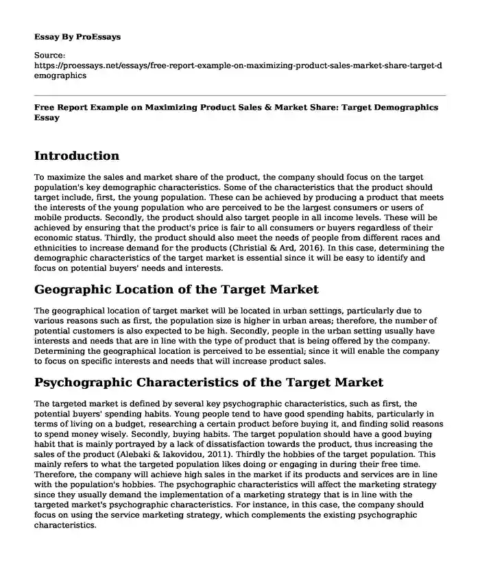 Free Report Example on Maximizing Product Sales & Market Share: Target Demographics