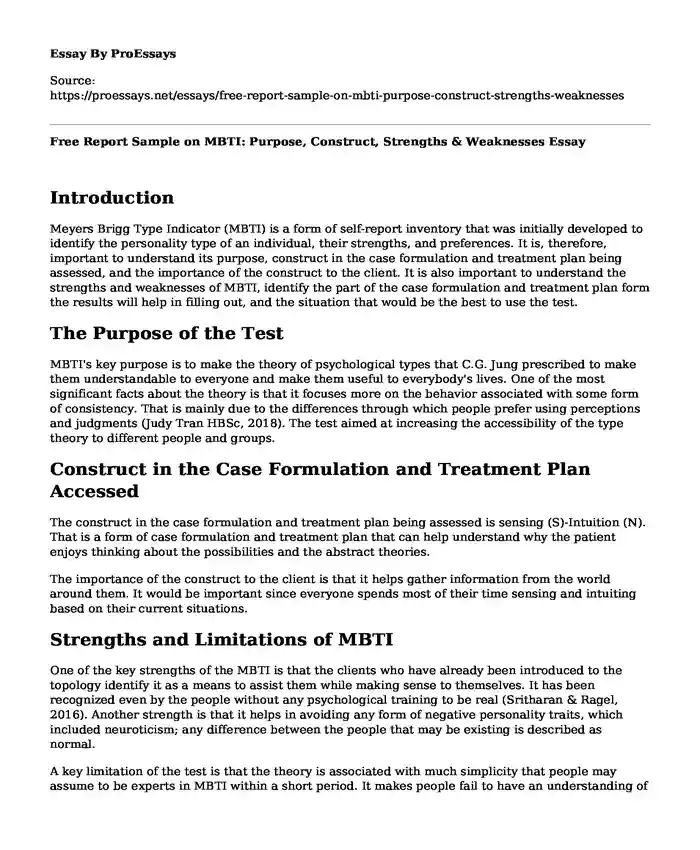 Free Report Sample on MBTI: Purpose, Construct, Strengths & Weaknesses