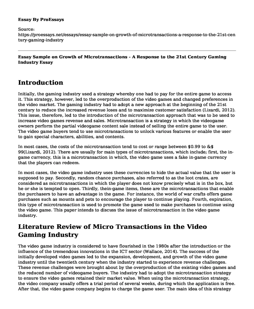 Essay Sample on Growth of Microtransactions - A Response to the 21st Century Gaming Industry