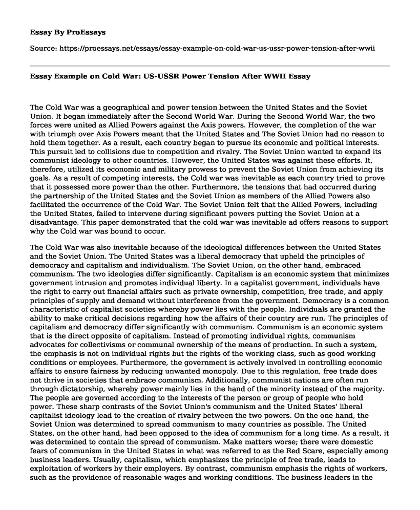Essay Example on Cold War: US-USSR Power Tension After WWII