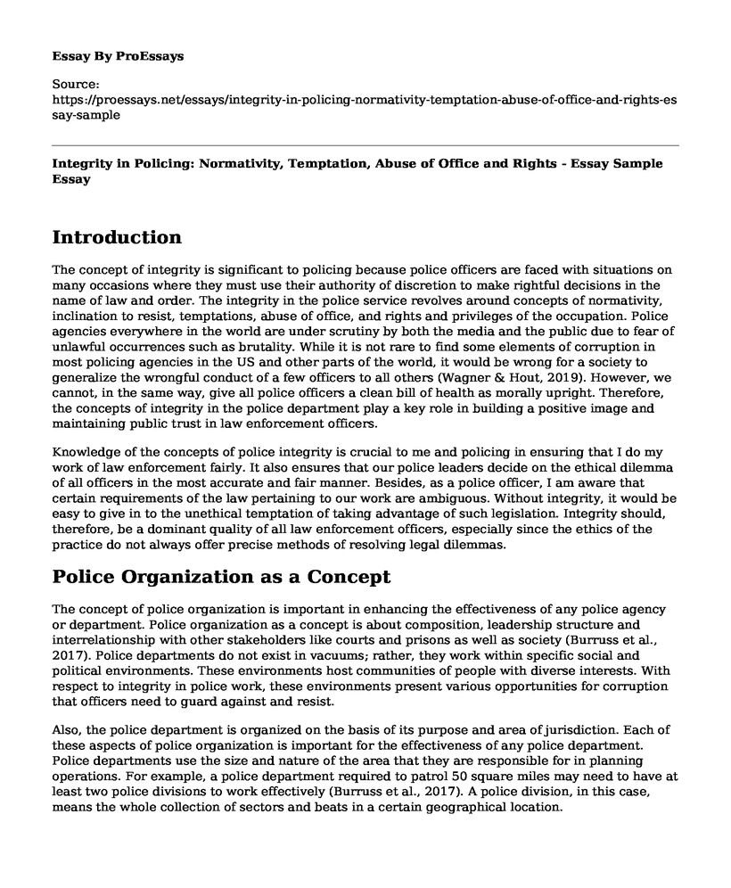 Integrity in Policing: Normativity, Temptation, Abuse of Office and Rights - Essay Sample
