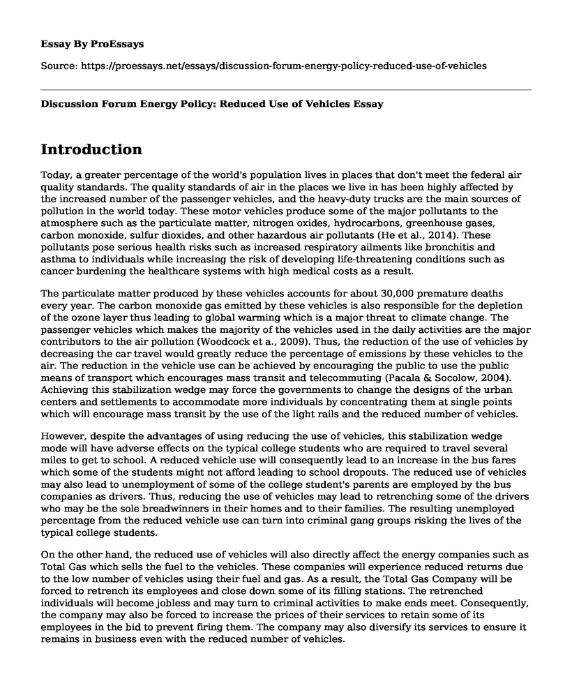 Discussion Forum Energy Policy: Reduced Use of Vehicles