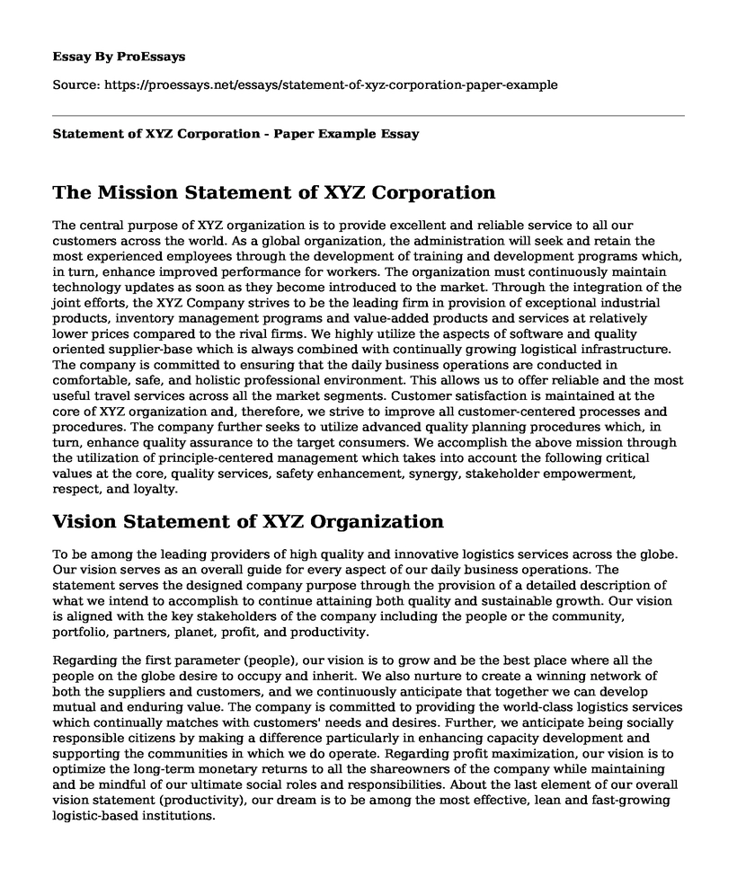 Statement of XYZ Corporation - Paper Example