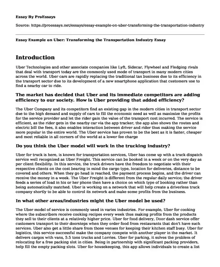 Essay Example on Uber: Transforming the Transportation Industry
