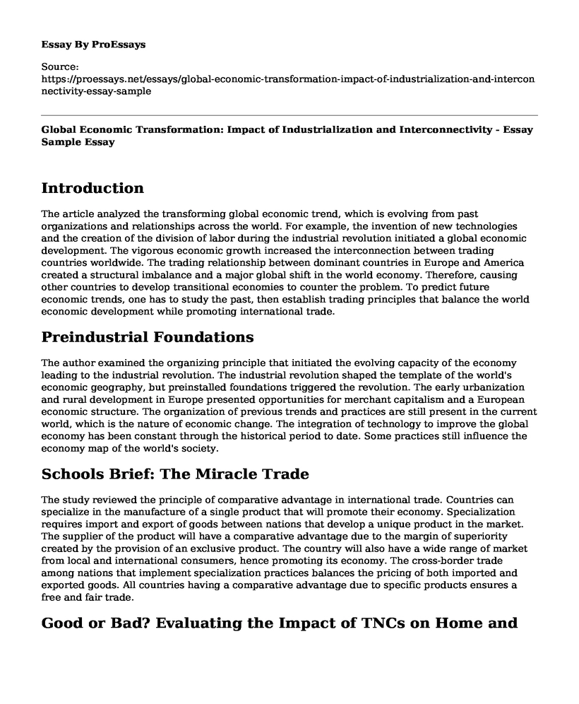 Global Economic Transformation: Impact of Industrialization and Interconnectivity - Essay Sample