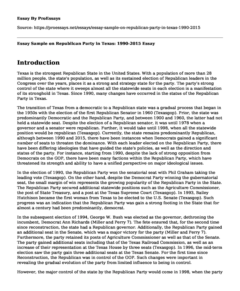 Essay Sample on Republican Party in Texas: 1990-2015