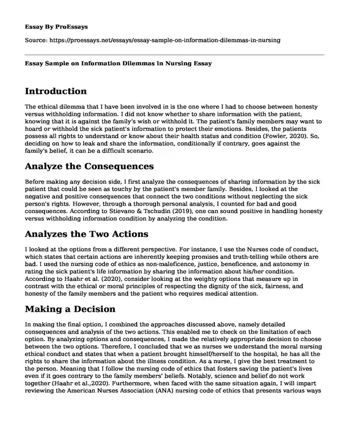 Essay Sample on Information Dilemmas in Nursing