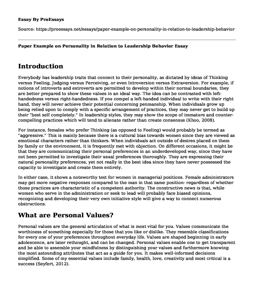 Paper Example on Personality in Relation to Leadership Behavior