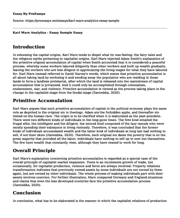 Karl Marx Analytics - Essay Sample