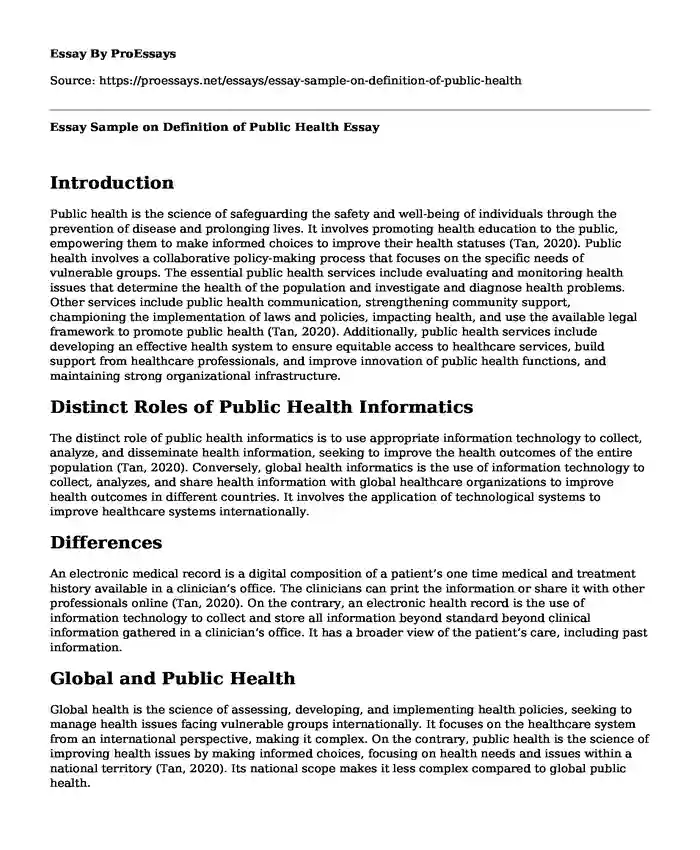 Essay Sample on Definition of Public Health