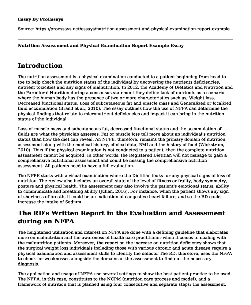 Nutrition Assessment and Physical Examination Report Example