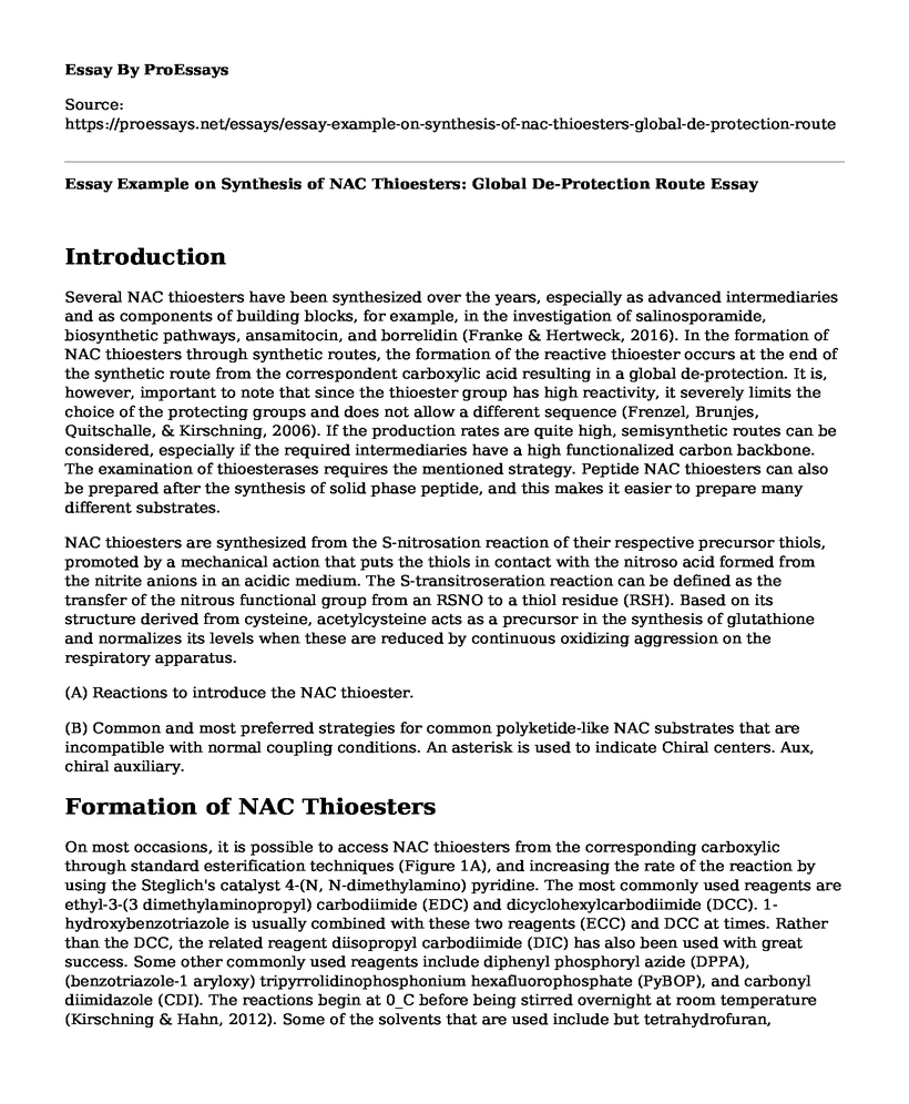 Essay Example on Synthesis of NAC Thioesters: Global De-Protection Route