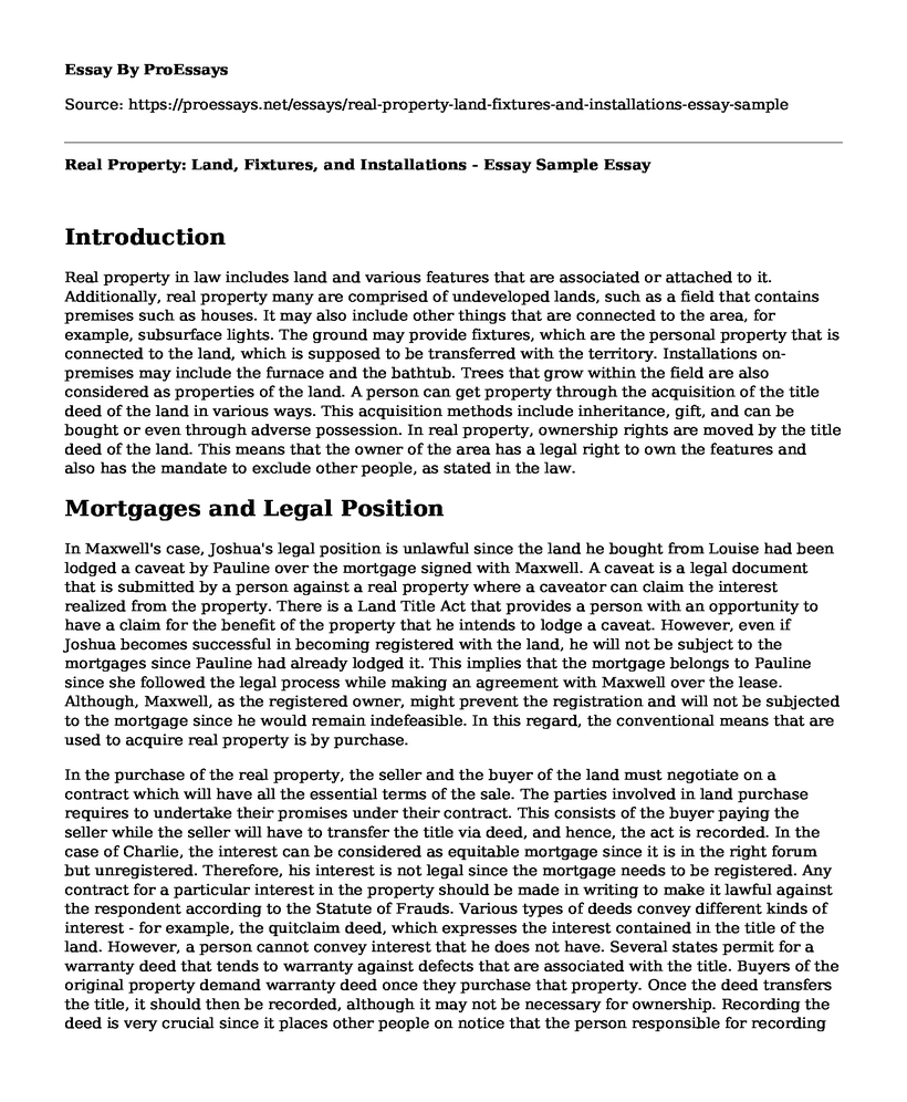 Real Property: Land, Fixtures, and Installations - Essay Sample