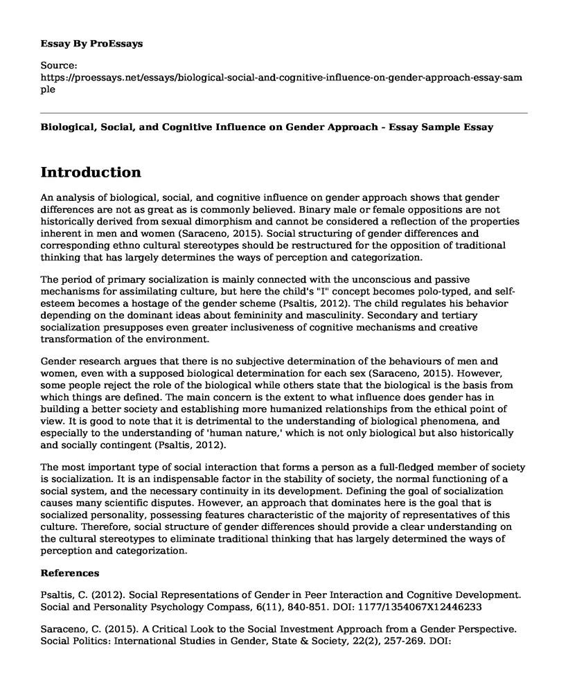 Biological, Social, and Cognitive Influence on Gender Approach - Essay Sample