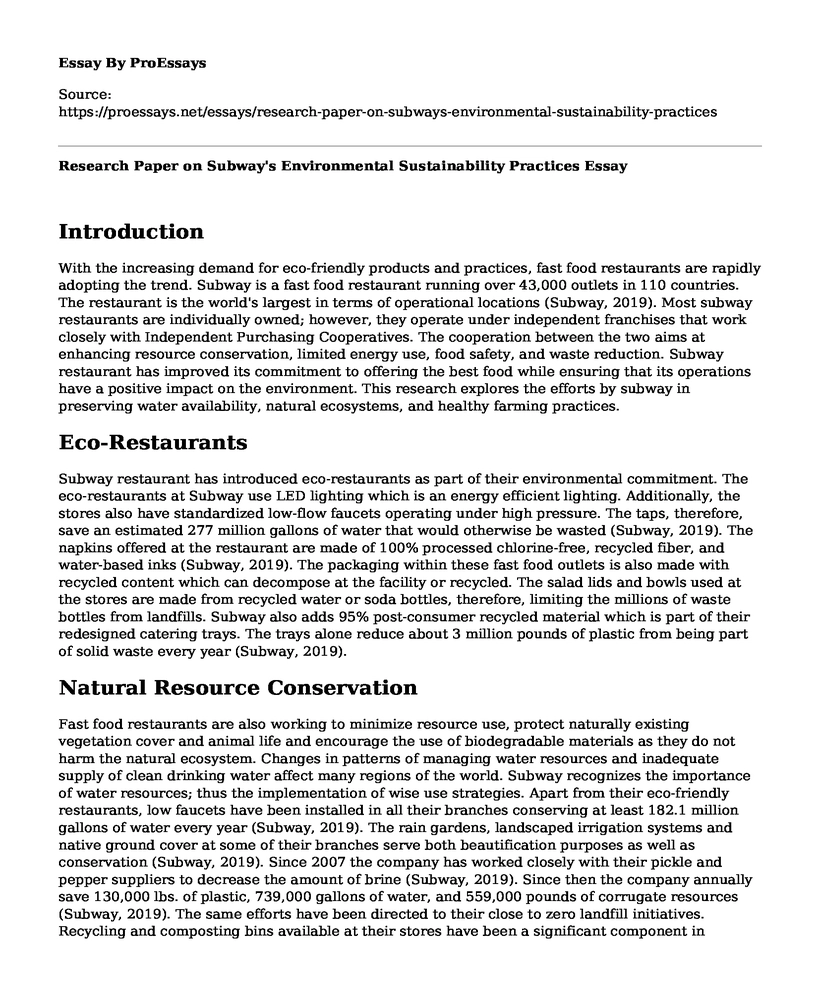 Research Paper on Subway's Environmental Sustainability Practices