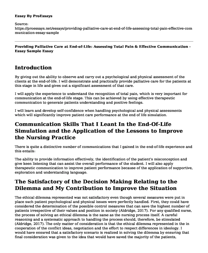 Providing Palliative Care at End-of-Life: Assessing Total Pain & Effective Communication - Essay Sample