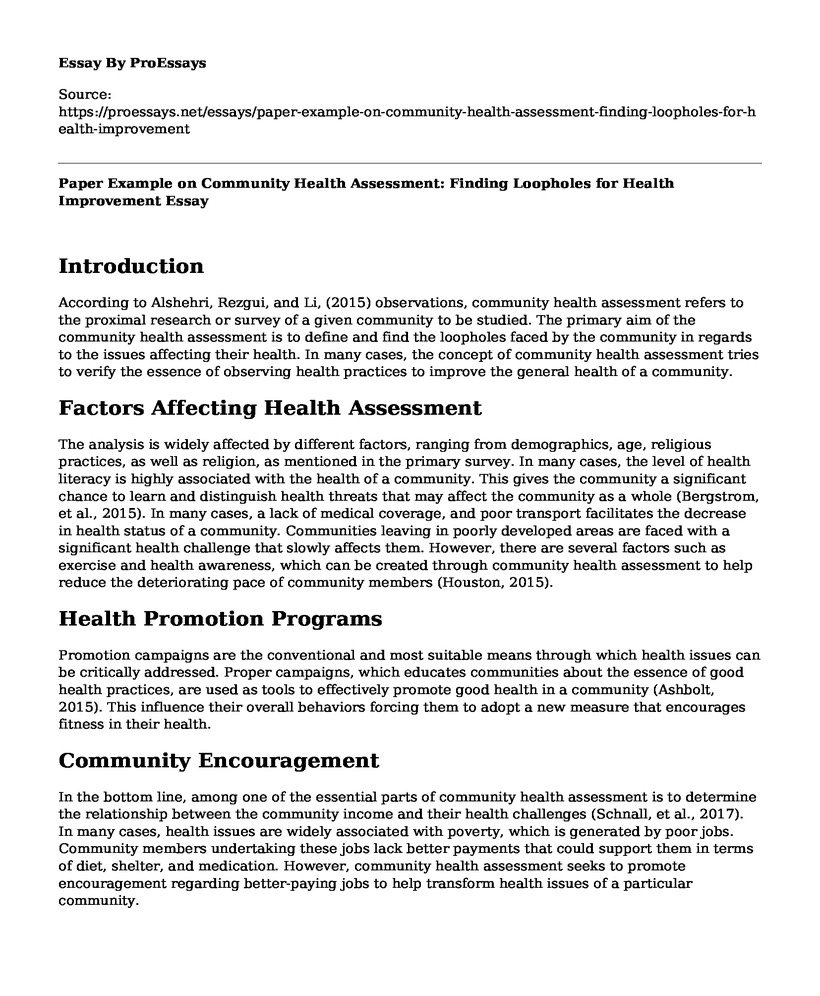 Paper Example on Community Health Assessment: Finding Loopholes for Health Improvement