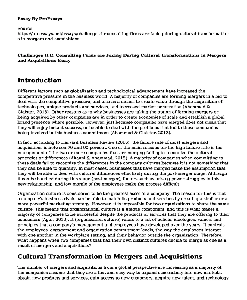 Challenges H.R. Consulting Firms are Facing During Cultural Transformations in Mergers and Acquisitions