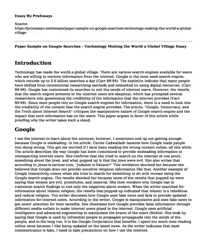 Paper Sample on Google Searches - Technology Making the World a Global Village