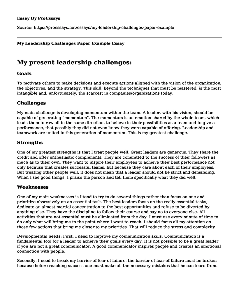 My Leadership Challenges Paper Example