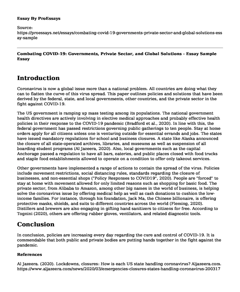 Combating COVID-19: Governments, Private Sector, and Global Solutions - Essay Sample
