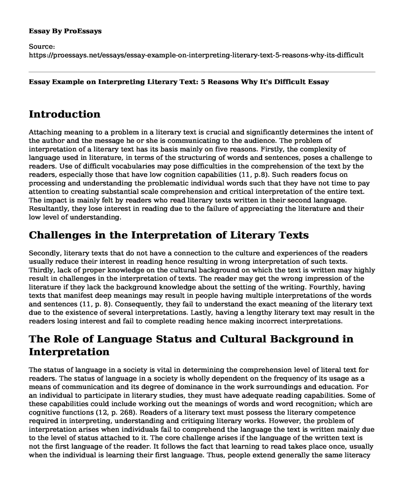 Essay Example on Interpreting Literary Text: 5 Reasons Why It's Difficult