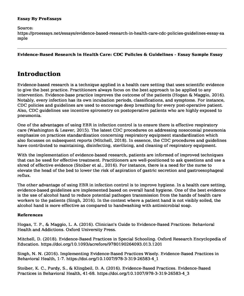 Evidence-Based Research in Health Care: CDC Policies & Guidelines - Essay Sample