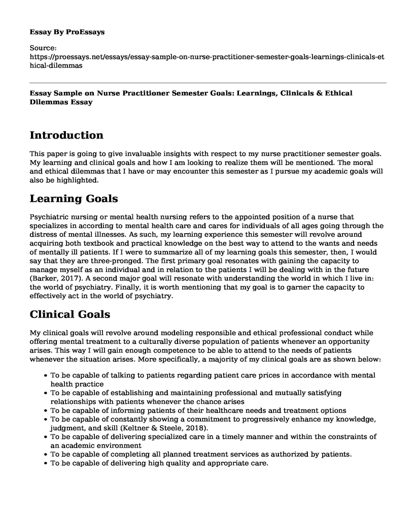 Essay Sample on Nurse Practitioner Semester Goals: Learnings, Clinicals & Ethical Dilemmas
