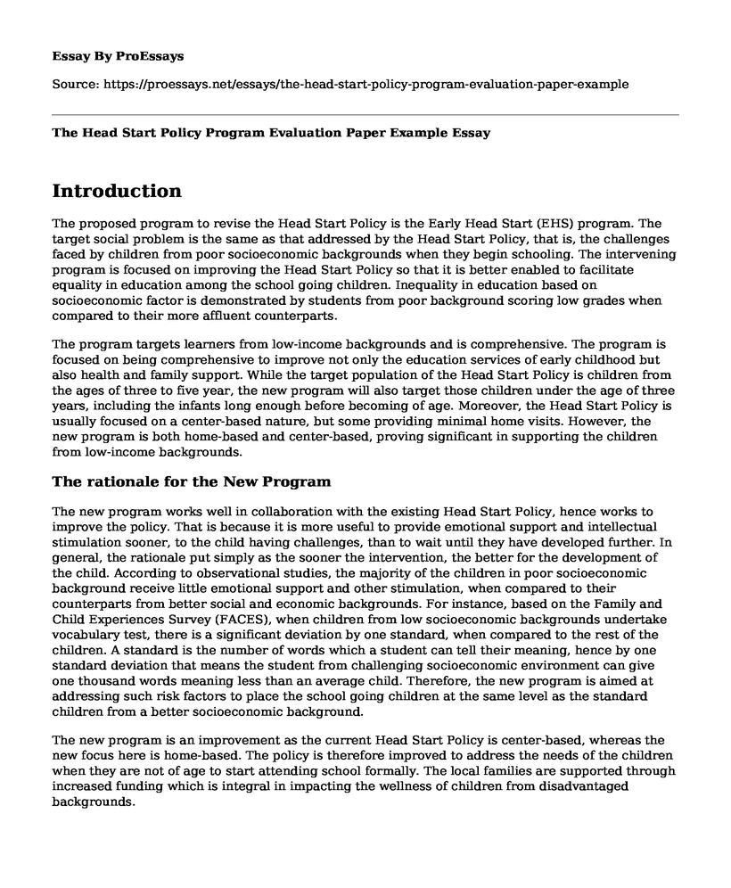 The Head Start Policy Program Evaluation Paper Example