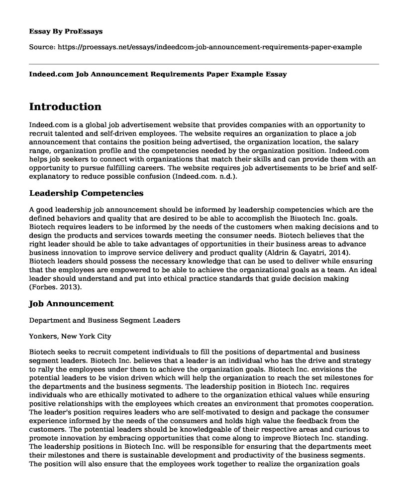 Indeed.com Job Announcement Requirements Paper Example