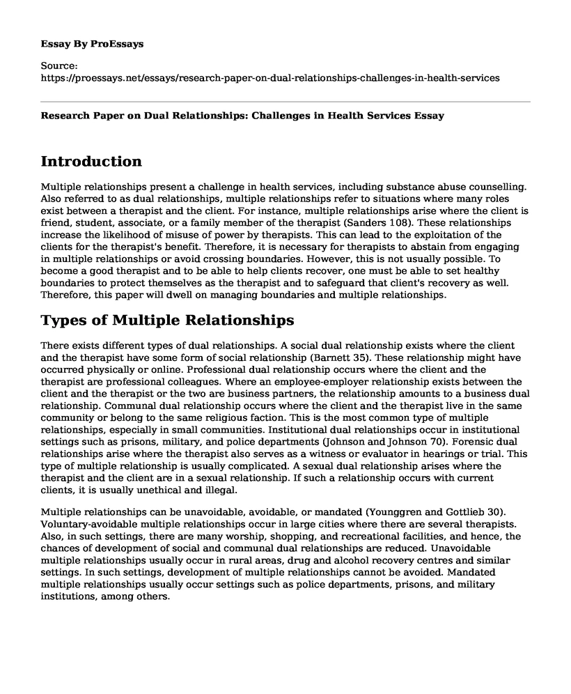 Research Paper on Dual Relationships: Challenges in Health Services