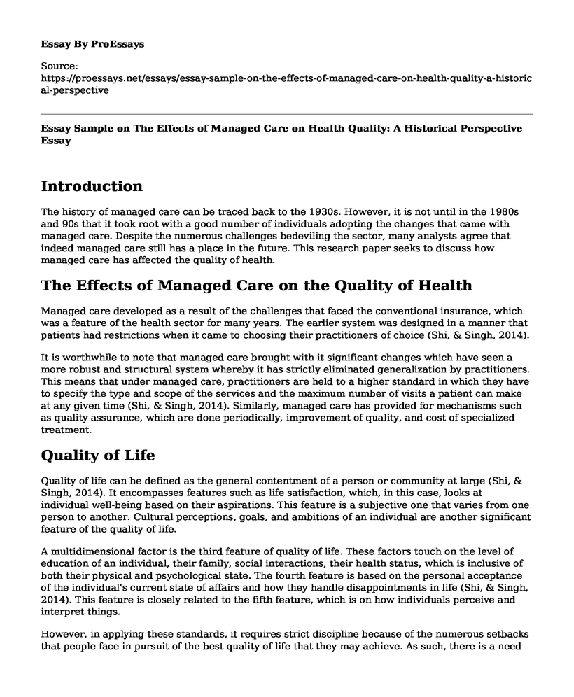Essay Sample on The Effects of Managed Care on Health Quality: A Historical Perspective