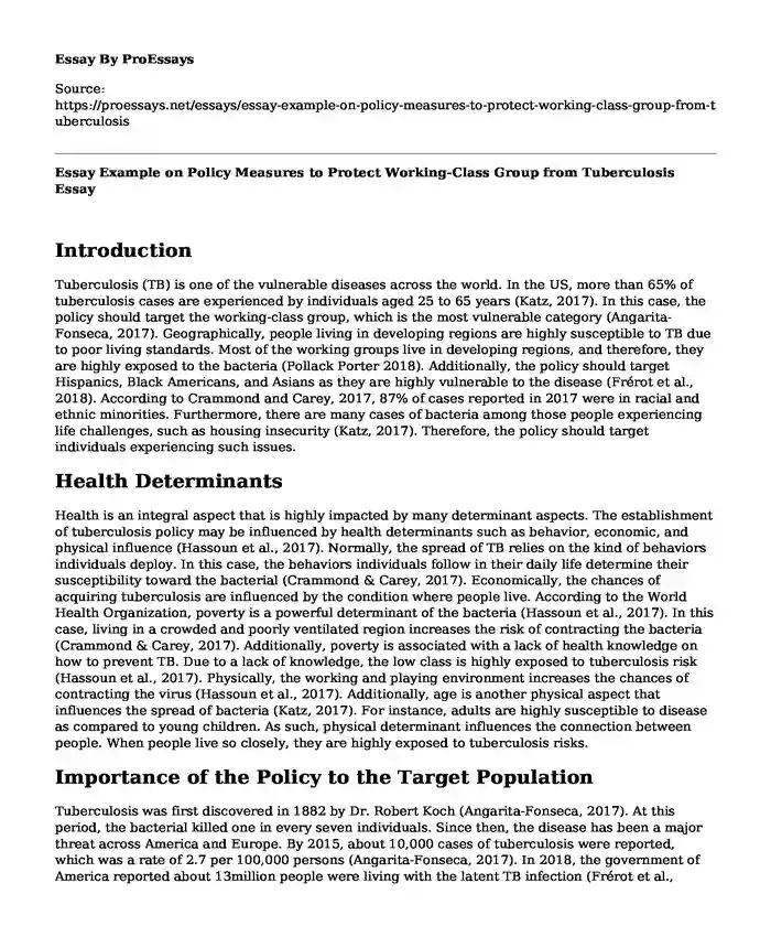 Essay Example on Policy Measures to Protect Working-Class Group from Tuberculosis