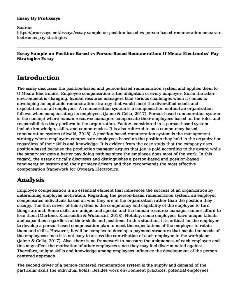 Essay Sample on Position-Based vs Person-Based Remuneration: O'Meara Electronics' Pay Strategies