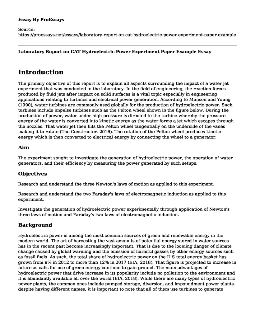 Laboratory Report on CAT Hydroelectric Power Experiment Paper Example