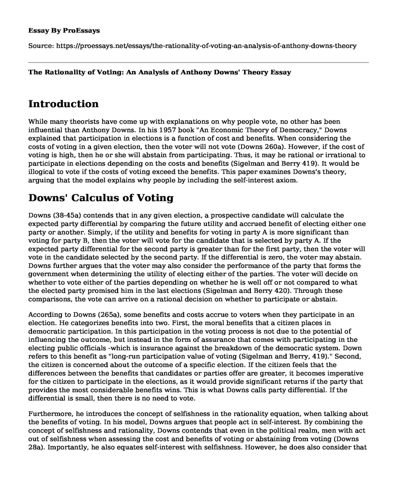 The Rationality of Voting: An Analysis of Anthony Downs' Theory
