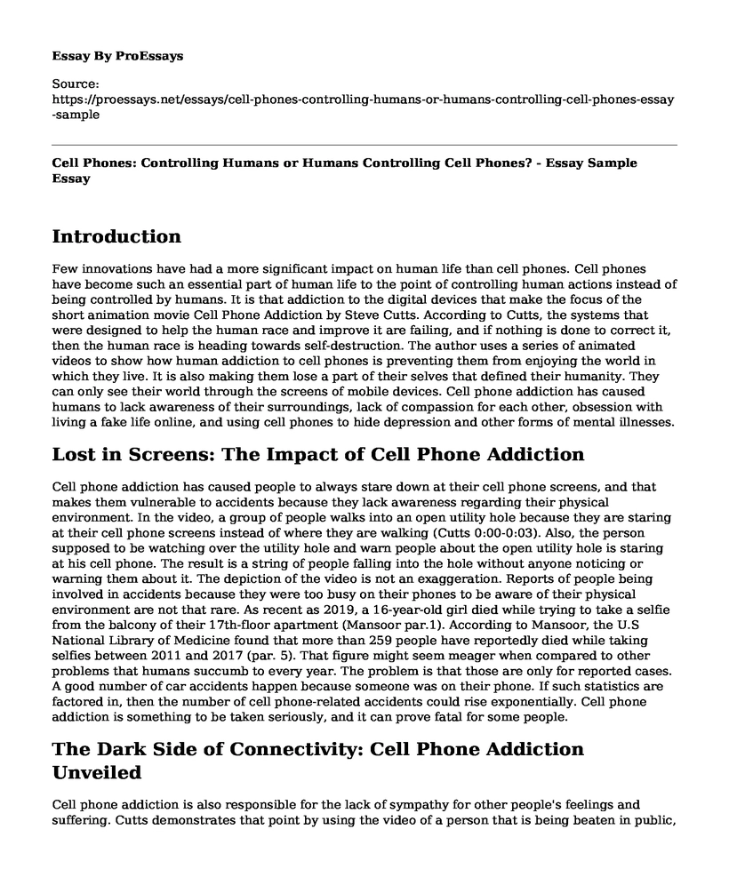 Cell Phones: Controlling Humans or Humans Controlling Cell Phones? - Essay Sample