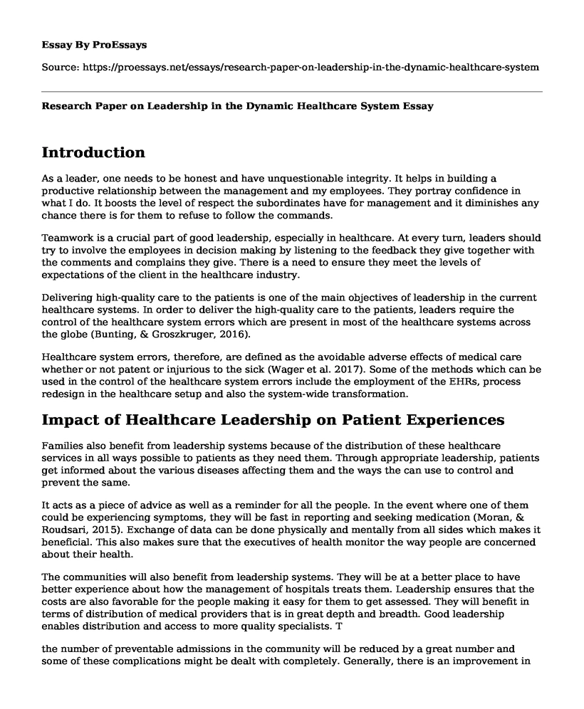 Research Paper on Leadership in the Dynamic Healthcare System