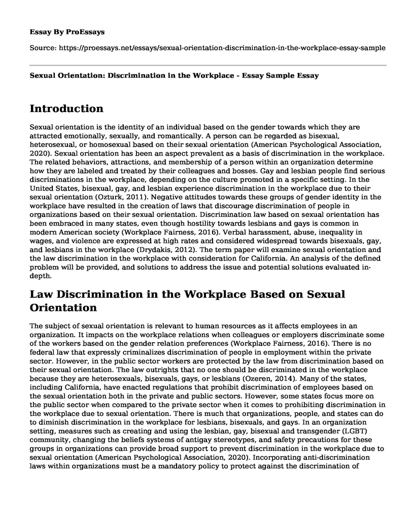 Sexual Orientation: Discrimination in the Workplace - Essay Sample