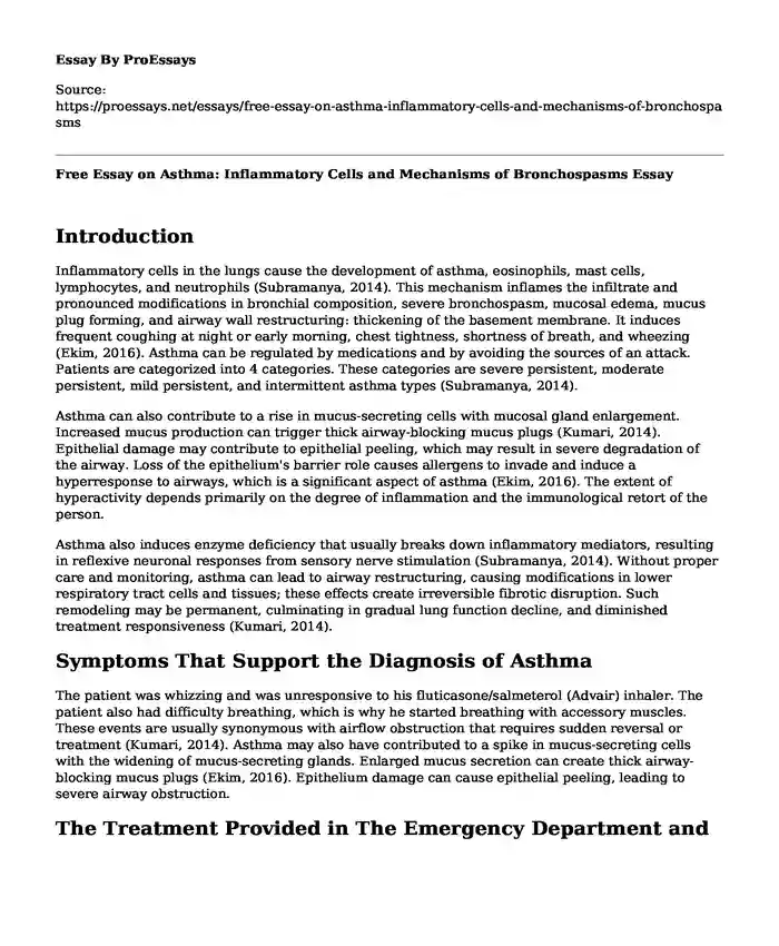 Free Essay on Asthma: Inflammatory Cells and Mechanisms of Bronchospasms
