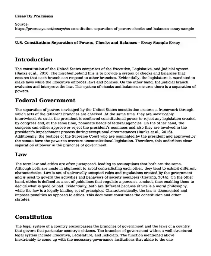 U.S. Constitution: Separation of Powers, Checks and Balances - Essay Sample