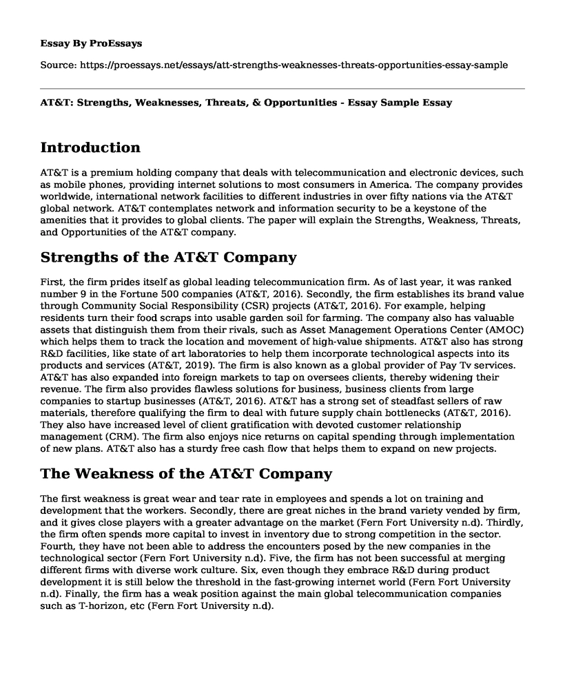 AT&T: Strengths, Weaknesses, Threats, & Opportunities - Essay Sample